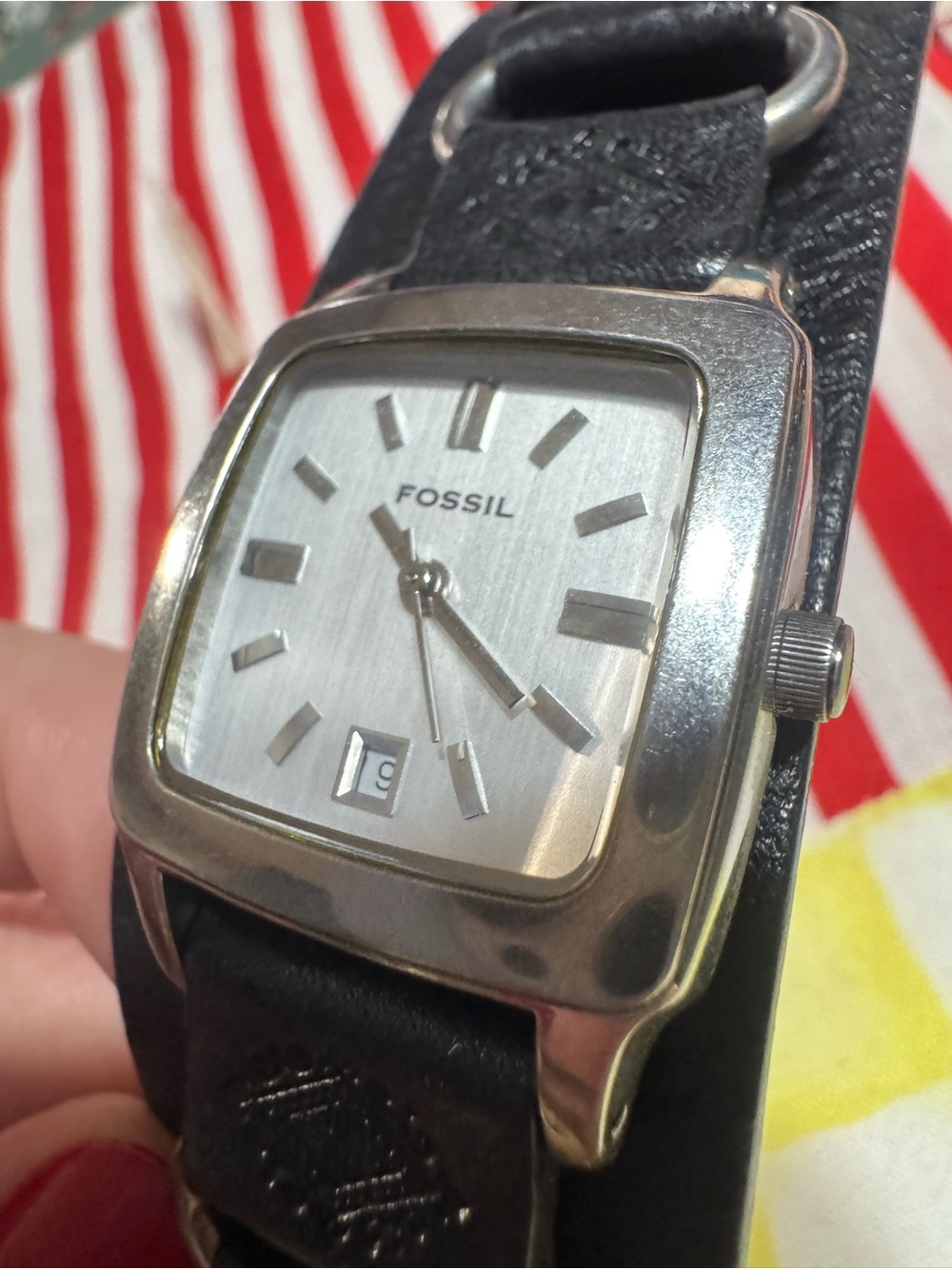 Vintage Y2K Fossil Square Watch Black Leather Cuff D Ring Bund Silver Dial